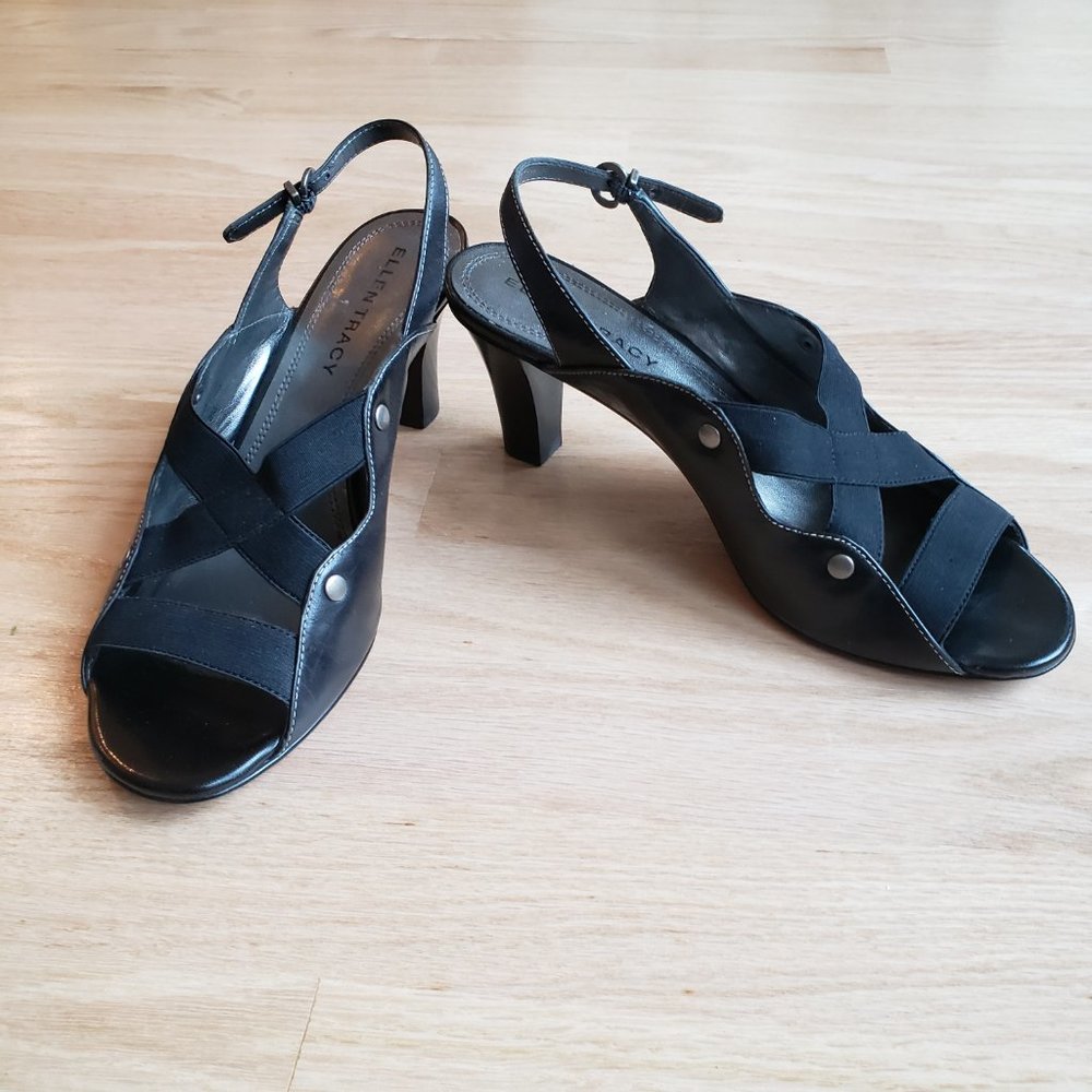 Ellen Tracy Black Leather Open-Toe Sling-back Stacked Heels- Size 8 M - EUC